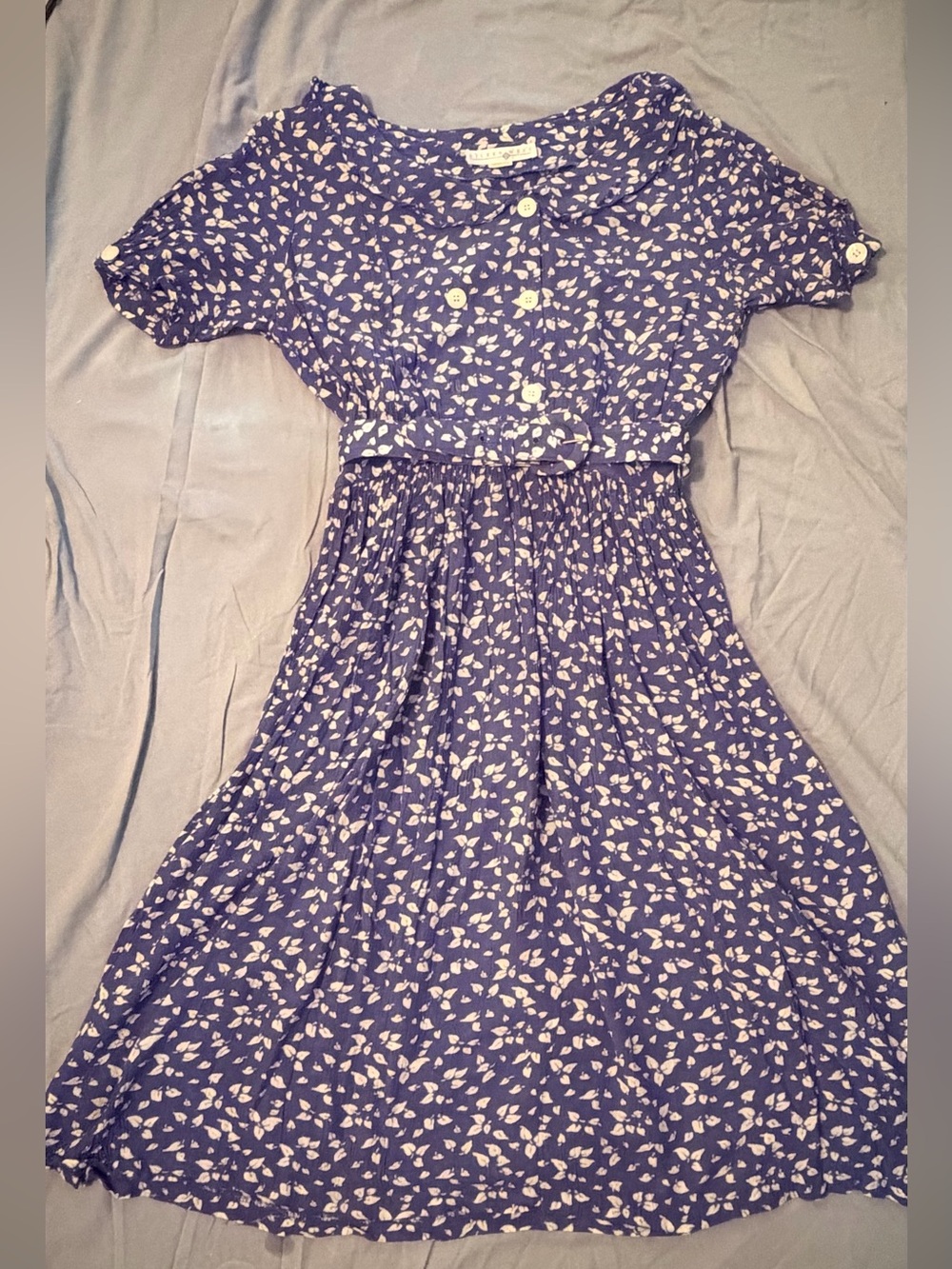 Vintage Eileen West Blue Floral Prairie Dress Belted Pleated Midi USA - Picture 7 of 12